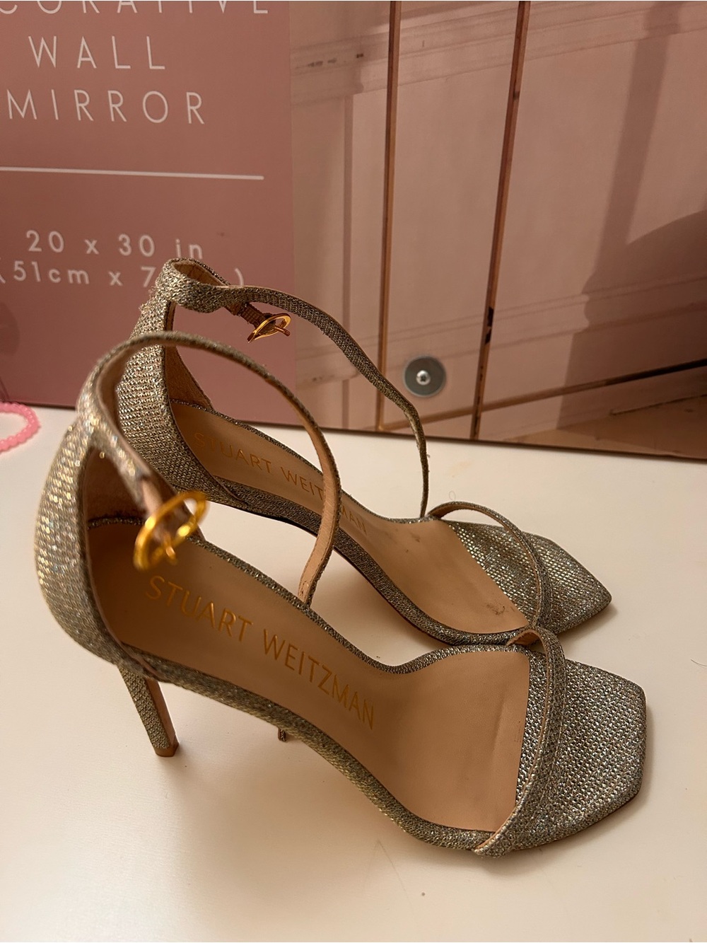 Stuart Weitzman Glitter Gold Ankle-Strap Heels